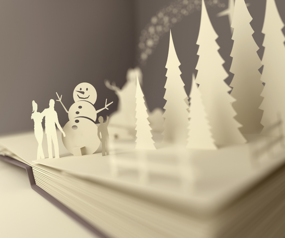A minimalist paper-cut winter illustration emerging from an open book, representing holiday sales outreach and planning for the new year.