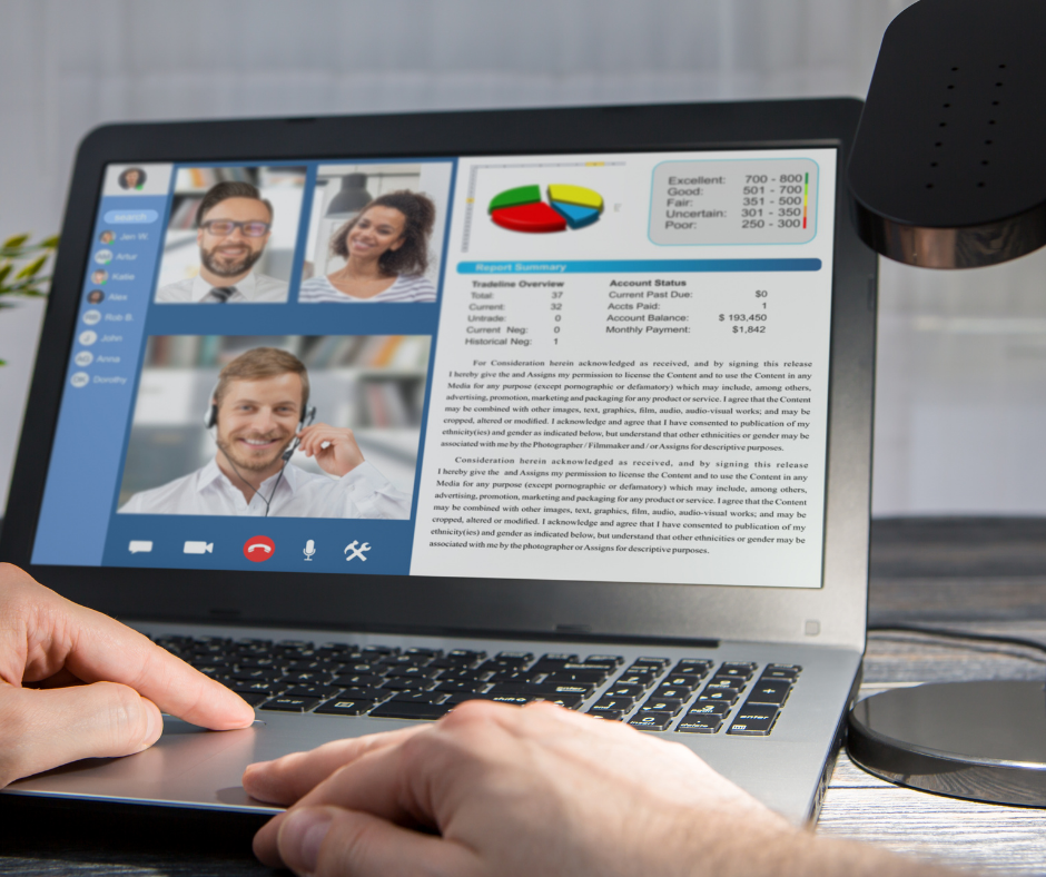 remote-sales-team-virtual-meeting Remote sales professionals in a virtual meeting discussing performance reports and sales data.