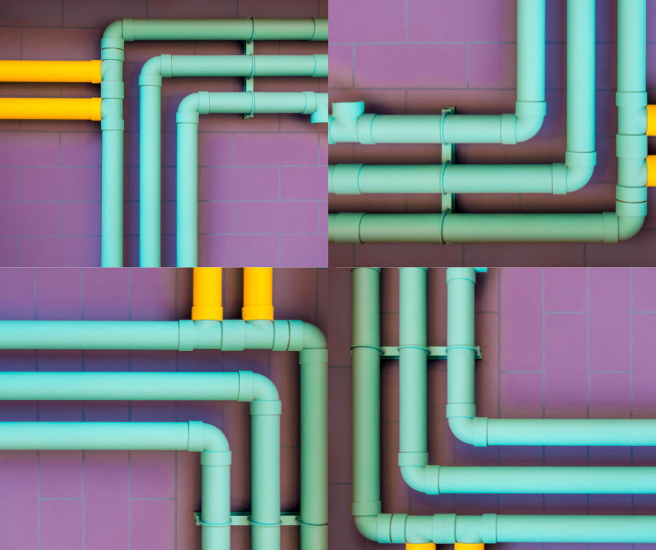 Interconnected pipes arranged in multiple directions, illustrating a complex and disorganized flow.