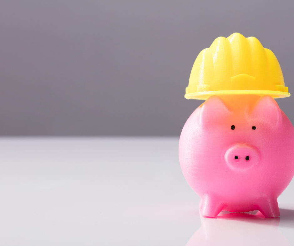 Pink piggy bank wearing a yellow hard hat, representing financial planning and cost considerations.