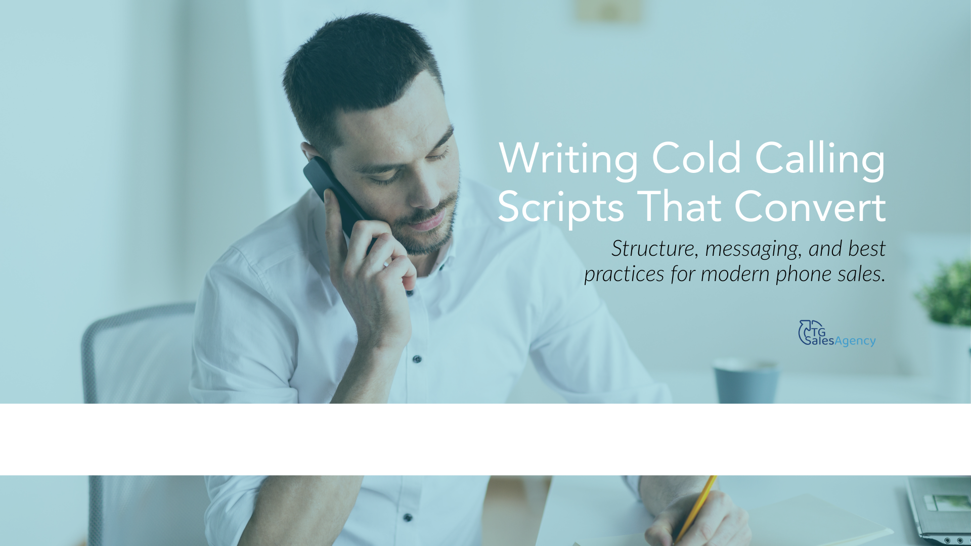 Sales professional on a phone call illustrating how to write cold calling scripts that convert