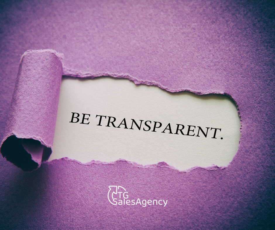 Ripped purple paper revealing the words ‘Be Transparent,’ symbolizing honesty, trust, and ethical communication in B2B sales.