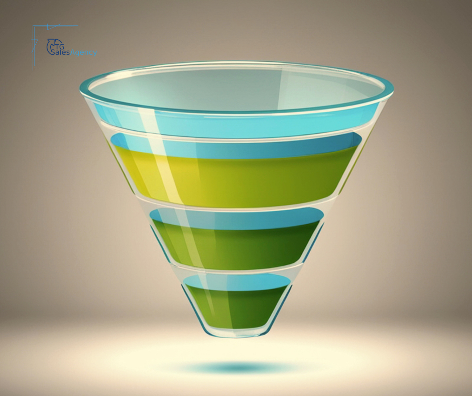 Layered sales funnel illustration showing stages of lead qualification and conversion in a B2B sales process.