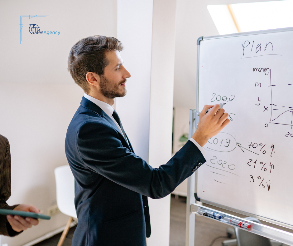 Sales leader outlining B2B sales process strategy on whiteboard to improve conversions and build buyer trust