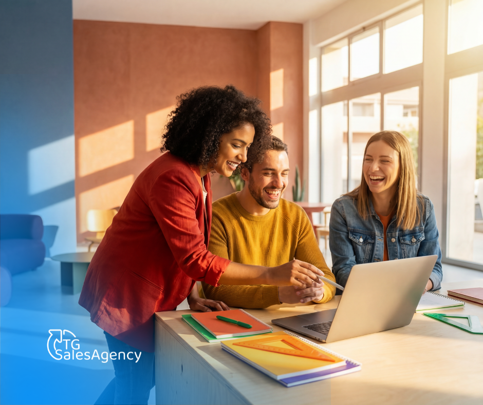 Collaborative sales team reviewing strategy together during a meeting about hiring and developing high-performing sales talent.