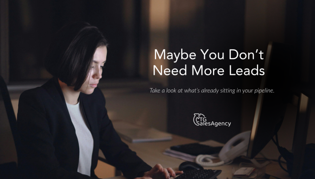 Sales professional reviewing a computer at her desk with the headline “Maybe You Don’t Need More Leads” and supporting text about examining the existing sales pipeline.